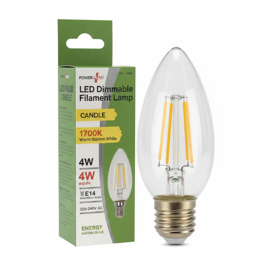 LED Filament Candle E14 bulb by PowerPlus, 4W warm white; packaging shown