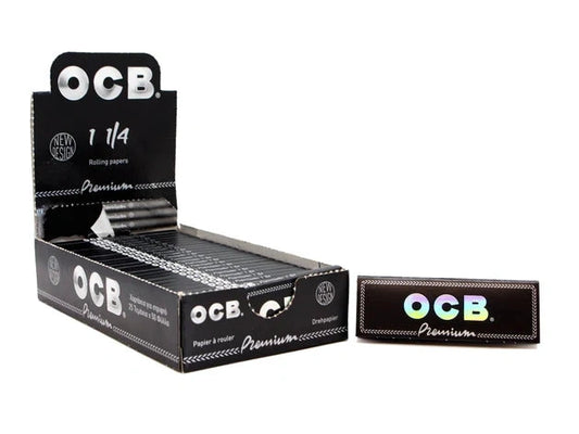 OCB Premium Black 1¼ rolling papers, 50 leaves per pack, 25 packs per box
