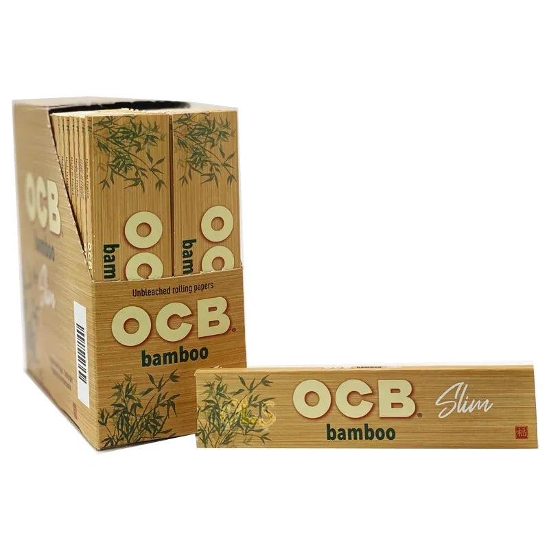 OCB King Slim Bamboo rolling papers; bamboo design, display box with 7 packs shown