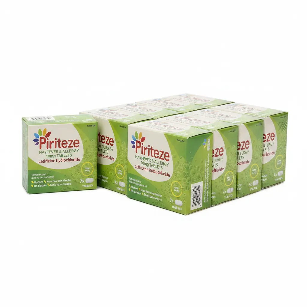 Pirteze Hay Fever & Allergy Relief 10mg tablets; six green boxes, 7 tablets per pack