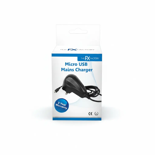 Micro USB mains charger by The FX Factory, black adaptor with coiled lead