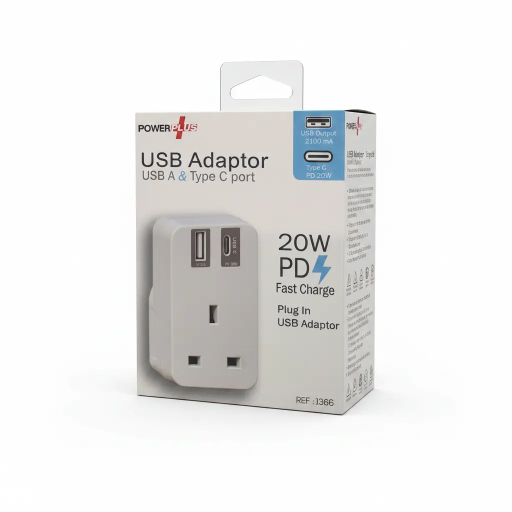 Plug Adaptor/Charger TYPE A & TYPE C USB 20W Power Plus