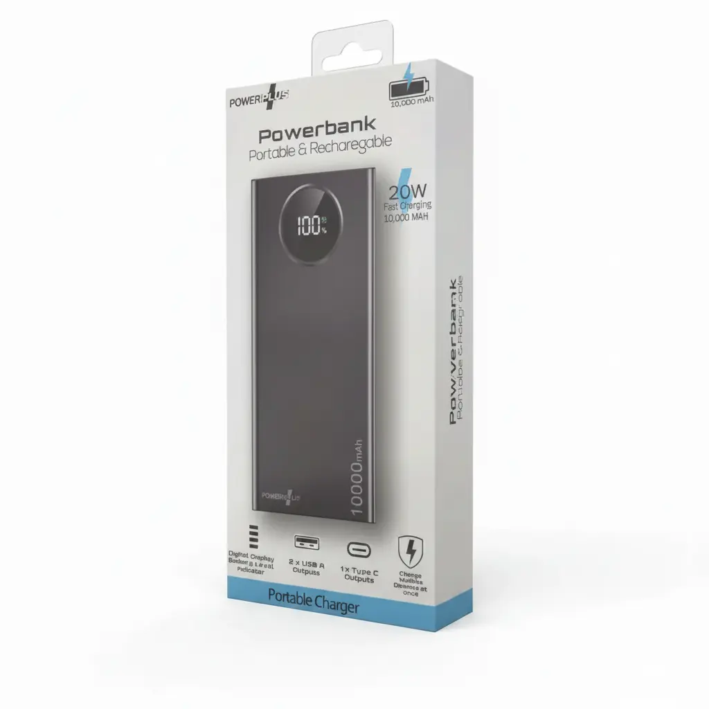 Powerbank 10,000mAh portable & rechargeable by Power Plus, black