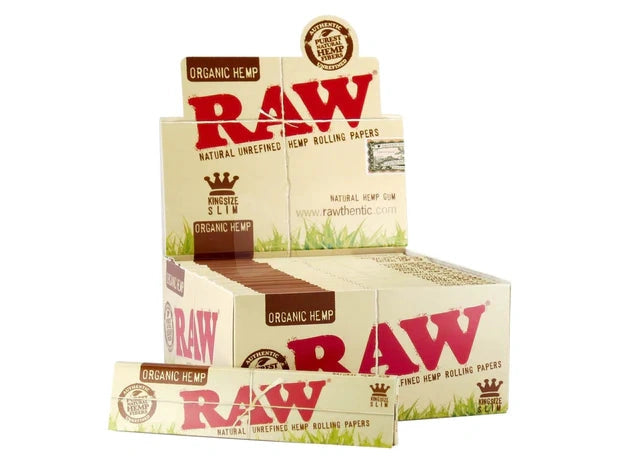 RAW Organic Hemp King Size Slim Rolling Papers (50 Pack) display of RAW boxes with red logo