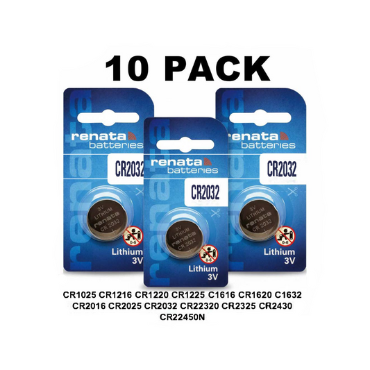Renata watch batteries 10-pack CR2032 lithium coin cells in blue packaging