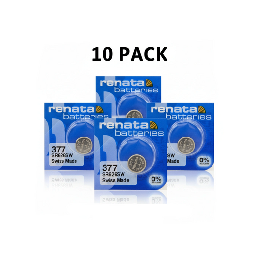 Renata watch batteries 10-pack in blue Swiss-made packaging (model 377 SR626SW).