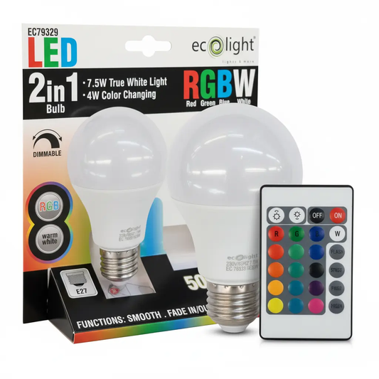 ecoLight RGB remote-control E27 LED bulbs, 7W, 12-pack; two bulbs shown with remote