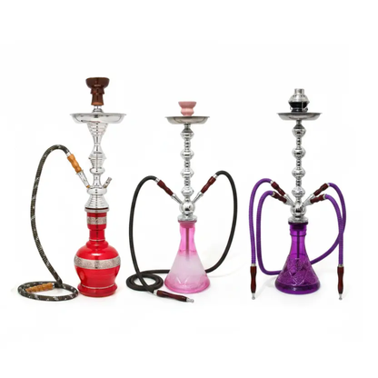 Shisha hookah trio in red, pink and purple with hoses; 27/50/65 cm sizes