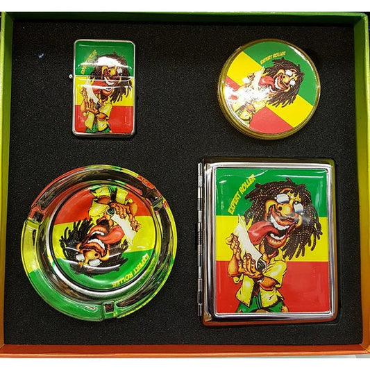 4 pcs rasta grinder,lighter,cigarette case & ash tray smoker set by Unbranded
