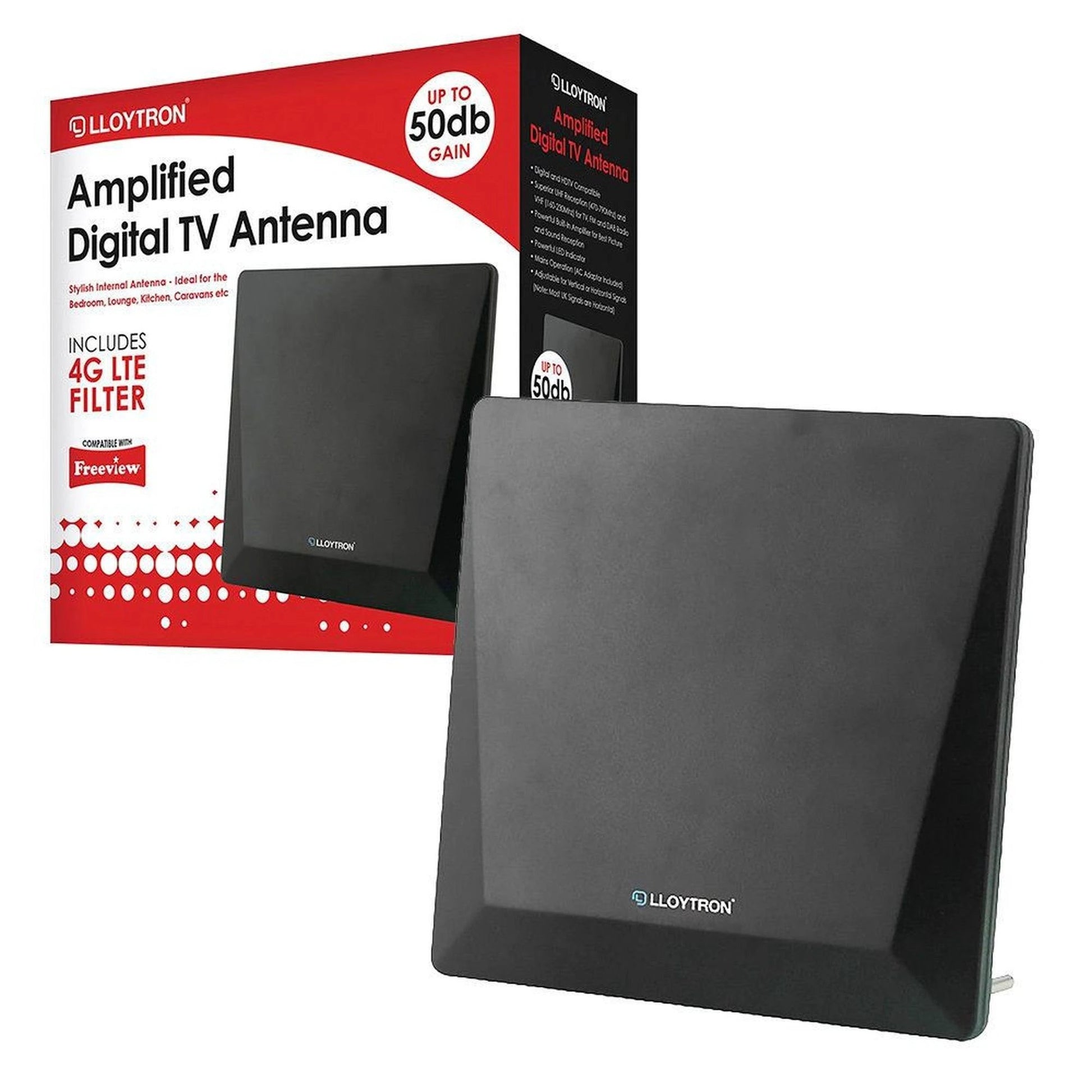 Active Indoor Panel TV Antenna - 50dB - 4G Filter - Matt Black by Lloytron