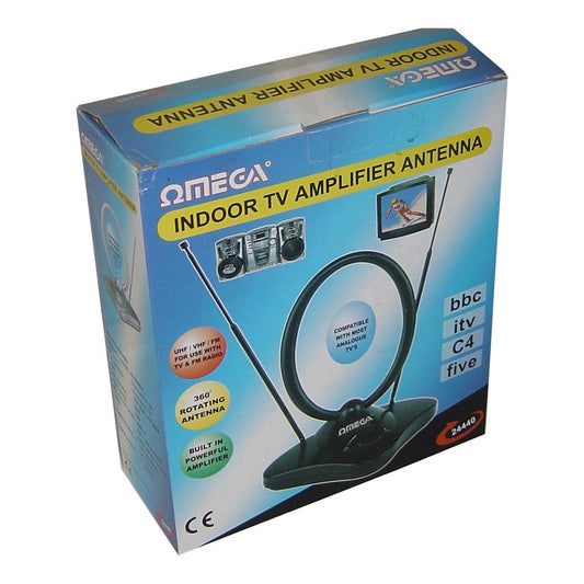 Indoor TV Amplifier antenna ideal for UHF/VHF/FM for use with TV by Omega