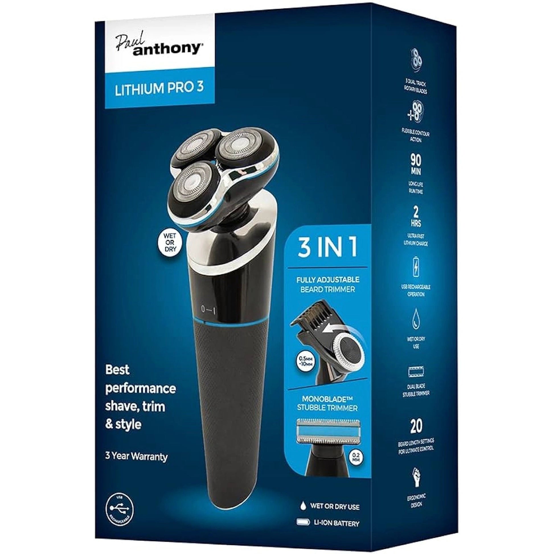 Paul Anthony Lithium Pro 3 USB Wet & Dry Men Rotary Shaver by Lloytron