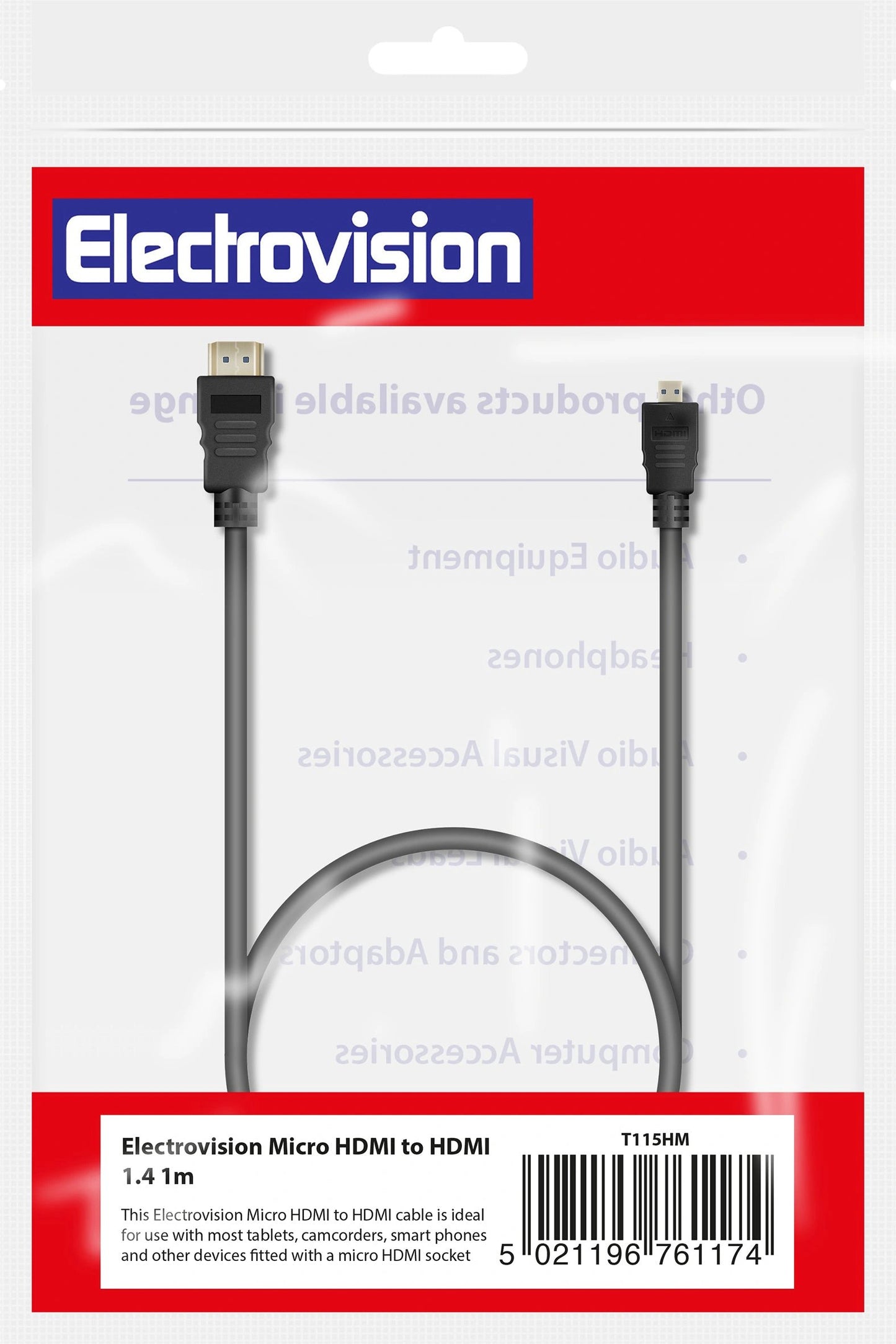 HDMI to Micro HDMI lead by Electrovision, black cable, 1.5m length.