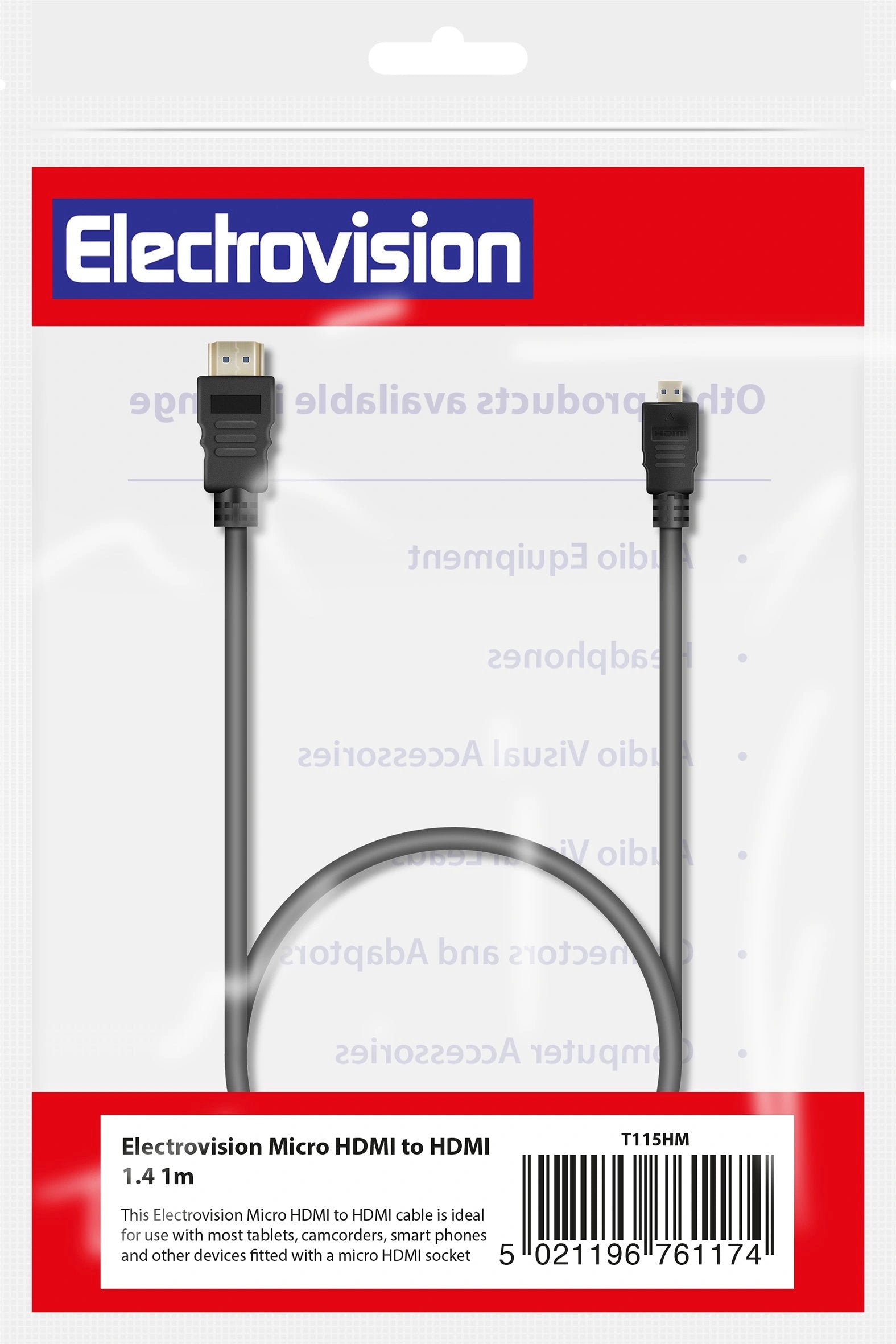 HDMI to Micro HDMI lead by Electrovision, black cable, 1.5m length.