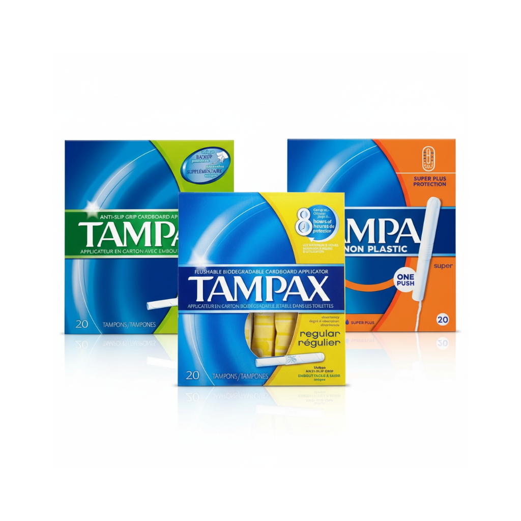 Tampax applicator tampons, 20-pack, three-box display with Tampax branding
