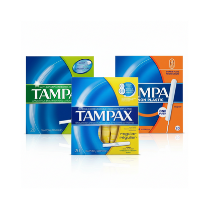 Tampax applicator tampons, 20-pack, three-box display with Tampax branding