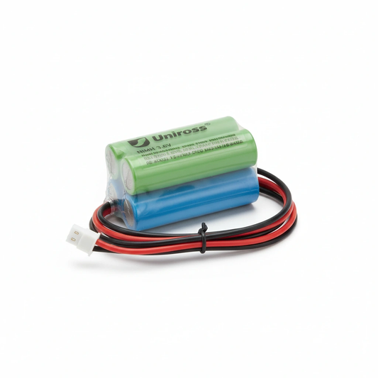 Uniross cordless phone batteries 2-pack, green and blue with red/black wires and white connector