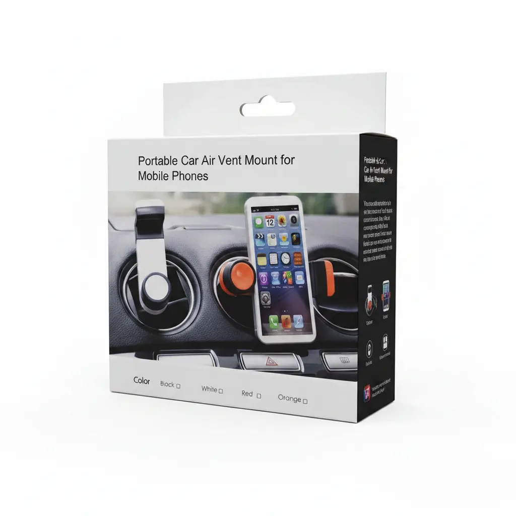 Car phone holder air vent mount packaging; white box, universal mobile phone mount