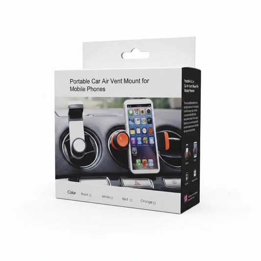 Car phone holder air vent mount packaging; white box, universal mobile phone mount