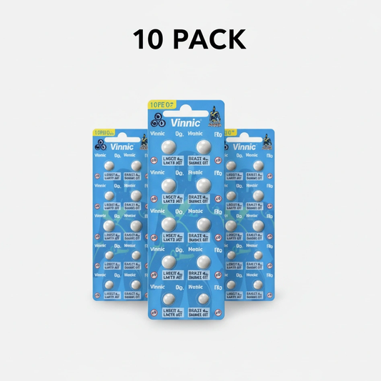 Vinnic alkaline batteries 10-pack blister packs in blue, three packs shown