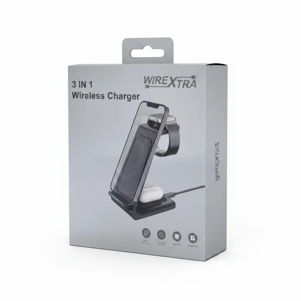 Charger Wireless Stand 3 in 1 EC-1154 WireXtra on gray packaging box