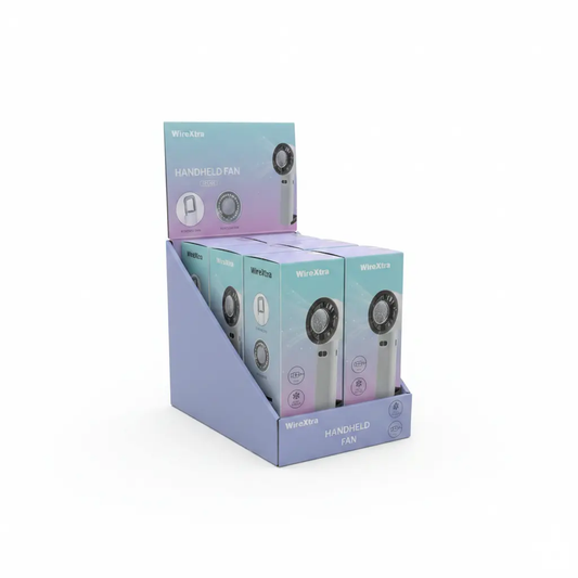 WireXtra handheld fan display with multiple boxed units in teal–purple packaging