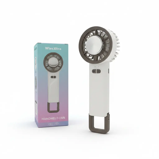 Handheld fan with freeze function and hook, white body with grey ring, WireXtra packaging box visible